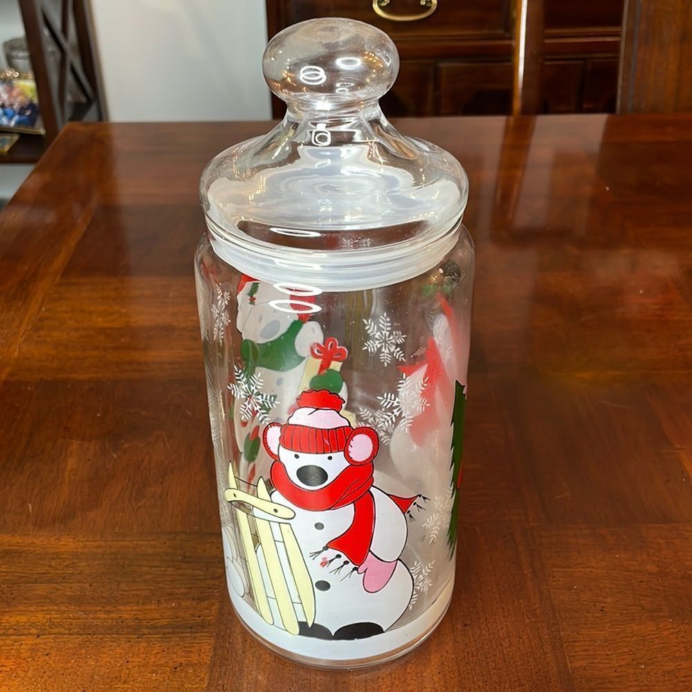 Vintage Glass Snowman Holiday Jar Decorative Christmas Candy Cookie Jar